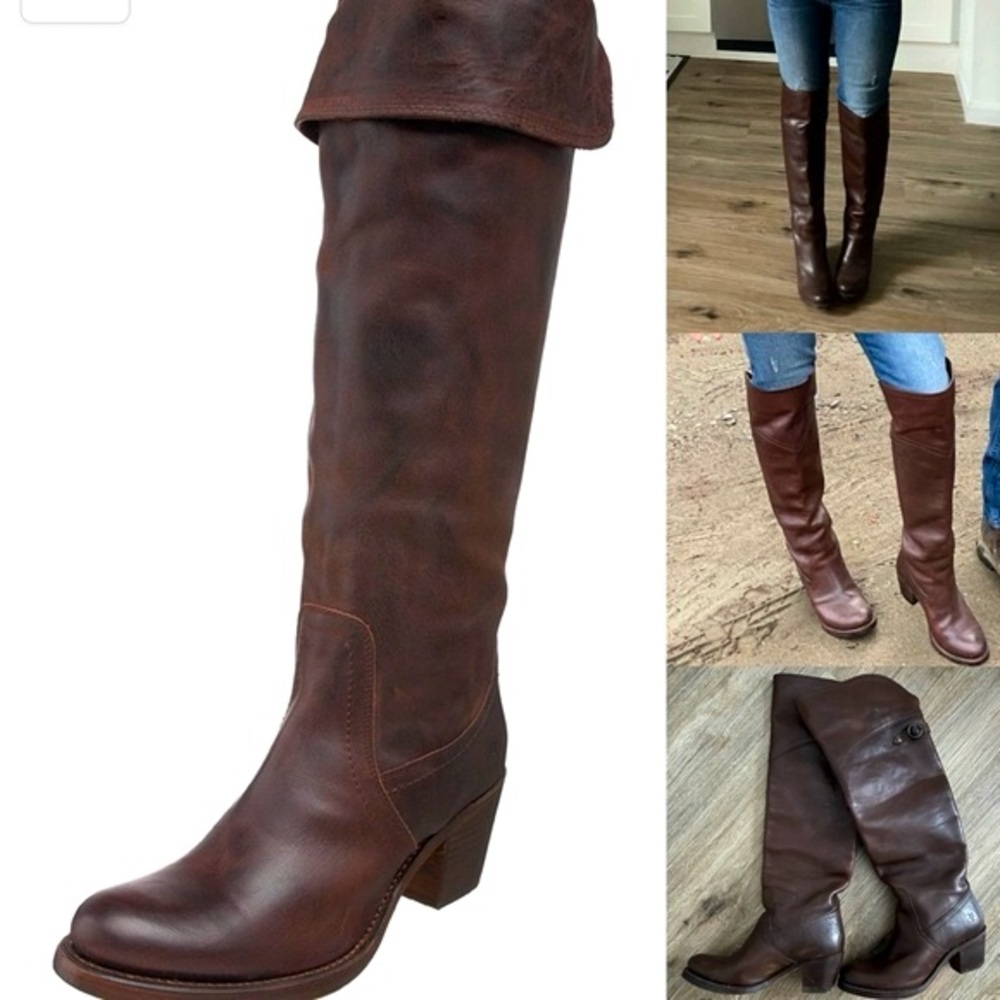 Frye Jane Cuff Over the Knee Heeled Boots in Dark Brown Leather